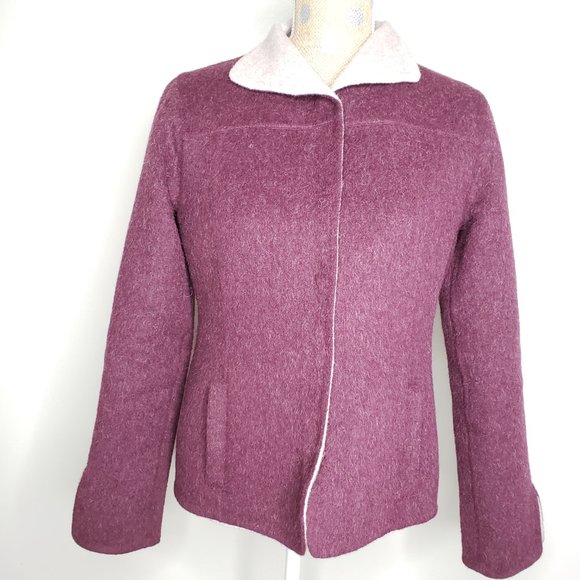 Overland Cordilla Alpaca Wool Blend Short Maroon Snap Button Coat Pocket Jacket - Picture 2 of 8